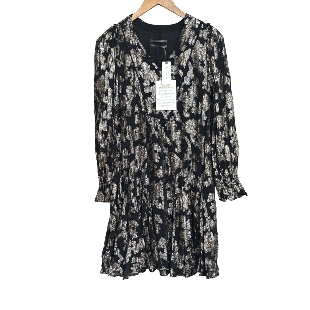 NWT Anthropologie Metallic Floral Mini Dress Black Gold XS Long Sleeve V-Neck - Picture 2 of 10